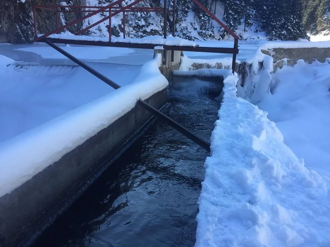 The collection channel of a Coanda intake buried in deep snow, water running clear along its floor