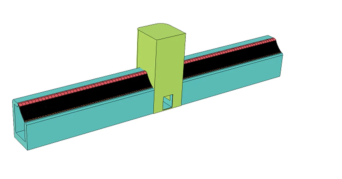 A three-dimensional layout drawing of an intake structure: two long collection channels, each carrying a row of Coanda screens along its crest, with a control structure standing between them