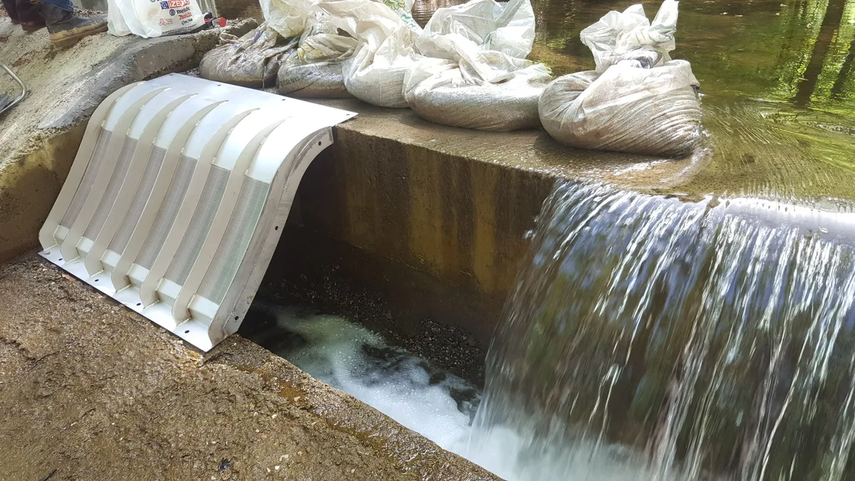A narrow Coanda intake screen on a low concrete weir in a wooded stream