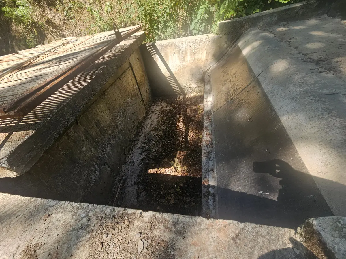 An older intake structure with a corroded steel bar rack across its opening